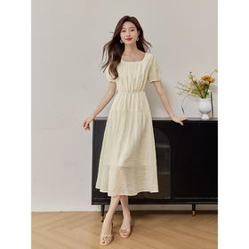 【专属特价】熙世界高级感法式天丝连衣裙夏新款收腰显瘦泡泡袖方领a字裙子