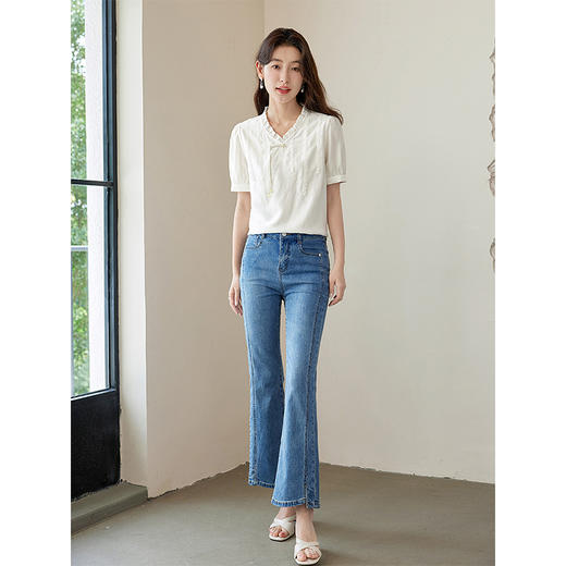 【专属特价】熙世界木耳边V领新中式衬衣短袖夏季国风流苏盘扣白色衬衫上衣 商品图4