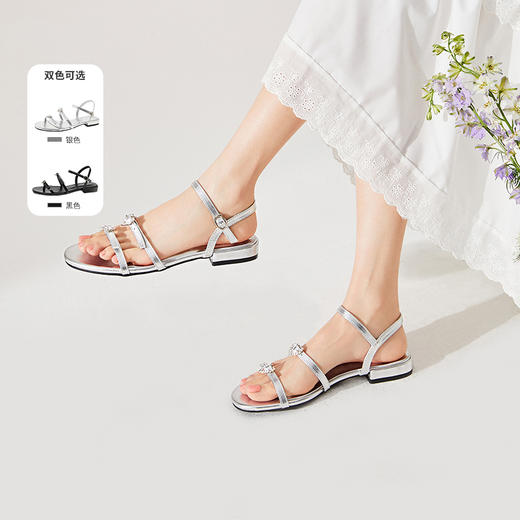 西遇平底凉鞋女新款夏季爱心水钻凉拖鞋黑色一字带时装凉鞋D1546733 商品图0