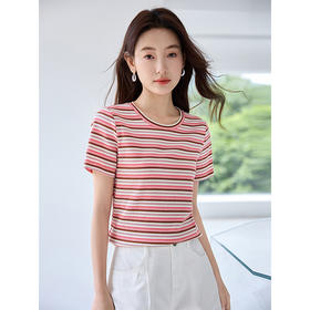【专属特价】熙世界多巴胺条纹t恤女短袖2025夏季薄款针织体恤圆领正肩上衣