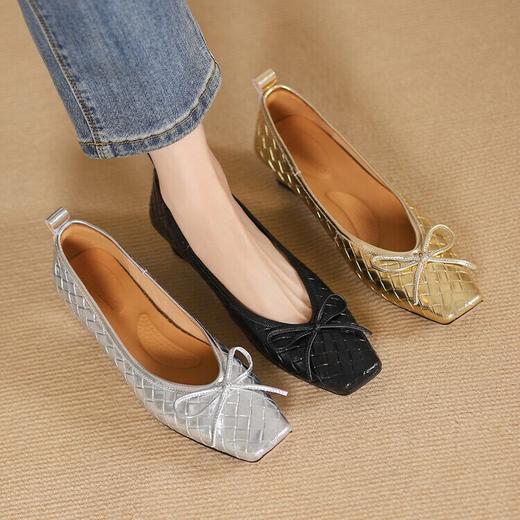 【预售5天】法式简约方头浅口编织纹羊皮低跟单鞋甜美蝴蝶结优雅舒适四季女鞋DTN&A1038-19 商品图4