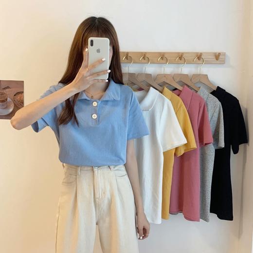 【百搭优雅POLO领短袖】2024年新款秋冬韩版宽松显瘦百搭学生短袖t恤女纯色POLO领上衣潮,纯色POLO领设计，百搭又显瘦，简单而不失风格。ry 商品图0