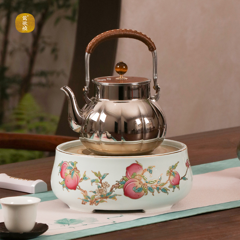 【莺歌烧旗舰店】五桃献寿鹅蛋青地