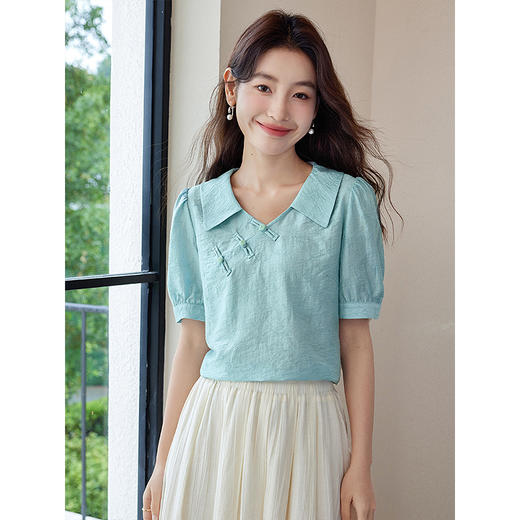 【专属特价】熙世界新中式盘扣天丝衬衫2025夏装新款气质泡泡袖翻领国风上衣 商品图1