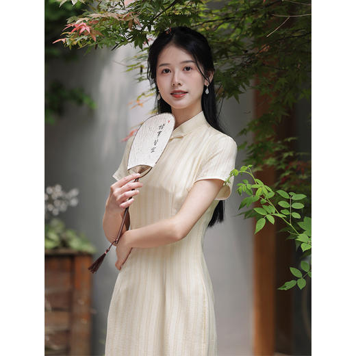 文艺自然《双色》改良斜襟盘扣短袖旗袍年轻款夏季中长收腰连衣裙LSB-2838 商品图1