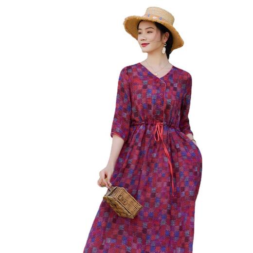 苎麻连衣裙格子印花V领盘扣显瘦大码系带裙TT96123 商品图4