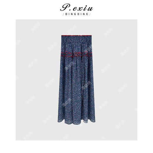 04-1潘依绣丁丁宠粉【冰岛蓝调】文艺风简约拼接碎花百褶半身裙W-62209 商品图1