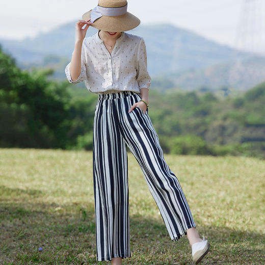 夏款苎麻休闲裤黑白条纹松紧高腰大码裤TT96108 商品图1