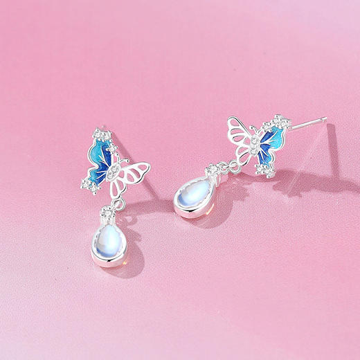 【水滴蝴蝶】纯银S925银月光石耳钉【JHY-E000713Y】 商品图1