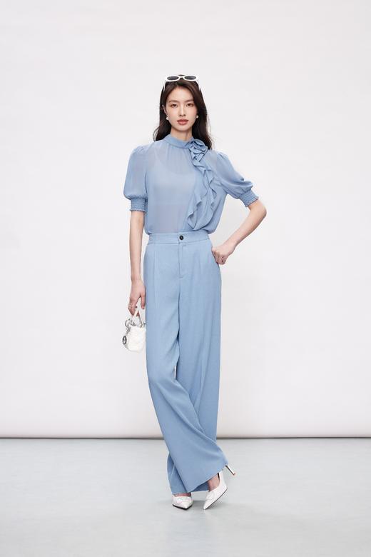 HJ2L36_窃蓝色_裤子_夏季_休闲垂感肌理高腰阔腿显瘦百搭长裤_高级女装_BERNIEELEN 伯妮斯茵 商品图3