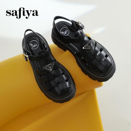 Safiya/索菲娅 2023夏季新潮三角标镂空编织锯齿厚底罗马凉鞋 SF32115010 商品图3