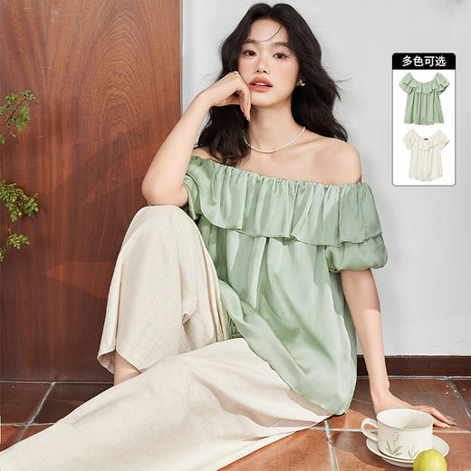 夏日氛围感轻盈梦幻仙女风衬衫女夏季荷叶领花苞袖衬衫V1441027 商品图0