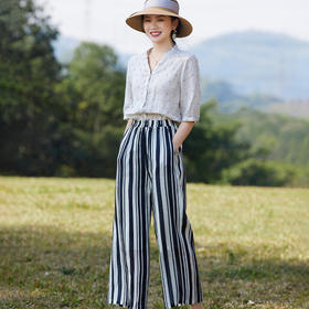 夏款苎麻休闲裤黑白条纹松紧高腰大码裤TT96108