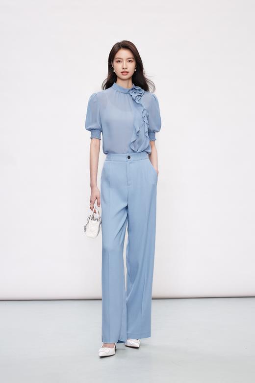 HJ2L36_窃蓝色_裤子_夏季_休闲垂感肌理高腰阔腿显瘦百搭长裤_高级女装_BERNIEELEN 伯妮斯茵 商品图4