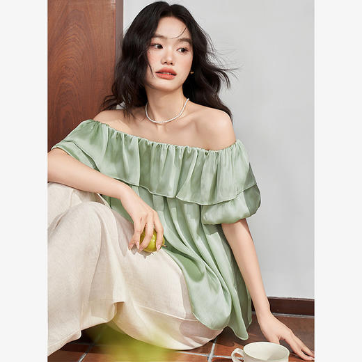 夏日氛围感轻盈梦幻仙女风衬衫女夏季荷叶领花苞袖衬衫V1441027 商品图2