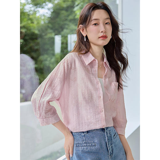 【专属特价】熙世界天丝薄款粉色防晒衬衫夏季新款宽松七分袖衬衣气质空调衫 商品图2
