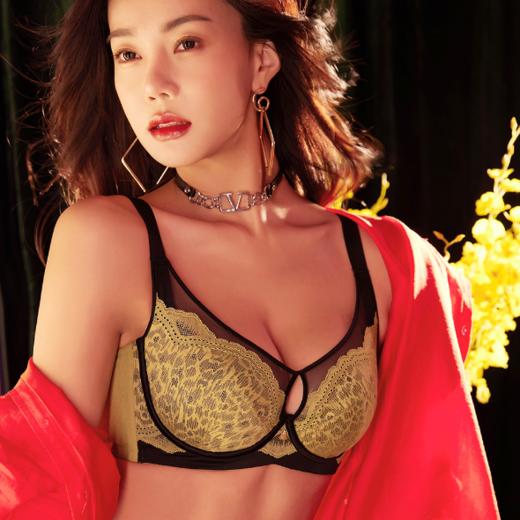 白玉无瑕 文胸 门店同款 内衣女大胸显小高侧翼收副乳微聚兔耳朵透气超薄文胸性感豹纹 商品图0