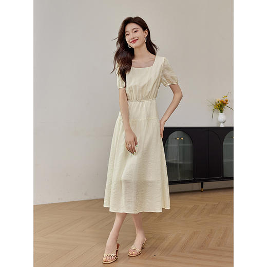 【专属特价】熙世界高级感法式天丝连衣裙夏新款收腰显瘦泡泡袖方领a字裙子 商品图3