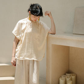 绽放275朵[限量]/新中式复古暗提花斜襟圆领短袖真丝小衫