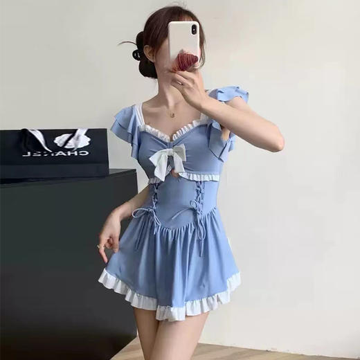 【泳衣女连体新款】可爱少女连衣裙 保守显瘦收腰 泡温泉纯欲风泳衣  商品图0