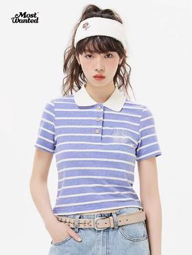 mostwantedlab彩虹/M2412140/小花包针绣肌理条纹t恤女新款夏季polo衫短袖男
