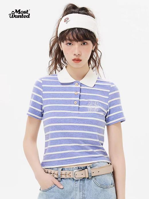 mostwantedlab彩虹/M2412140/小花包针绣肌理条纹t恤女新款夏季polo衫短袖男 商品图0