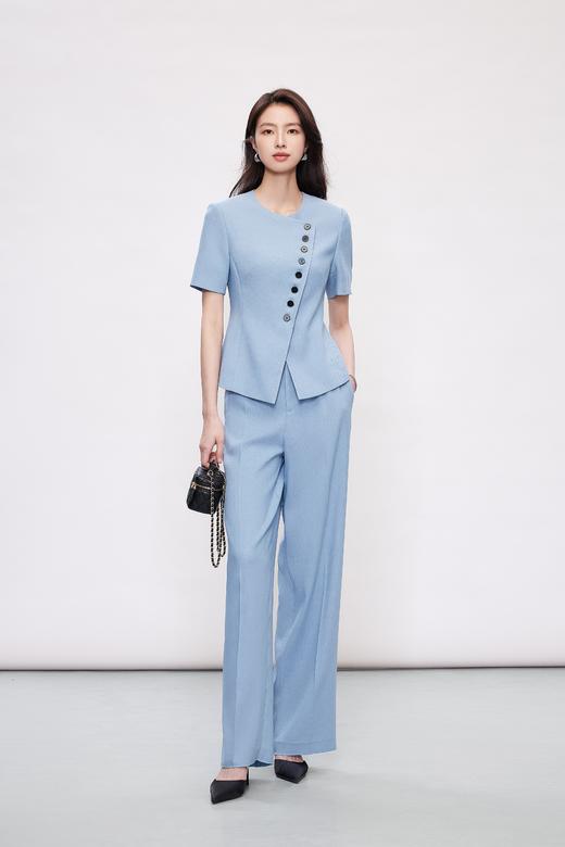 HJ2A36_窃蓝色_外套_夏季_简约大方圆领斜襟撞色扣短袖收腰显瘦通勤西装_高级女装_BERNIEELEN 伯妮斯茵 商品图4