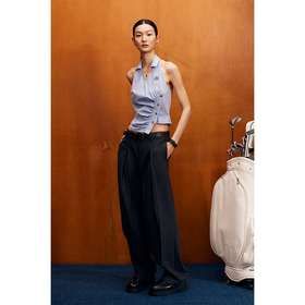 GOODBAI 白鸽绣标条纹挂脖翻领露背衬衫背心