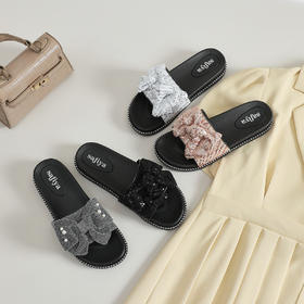 Safiya/索菲娅2024新款气质珍珠蝴蝶结平底休闲外穿拖鞋 SF42110M03