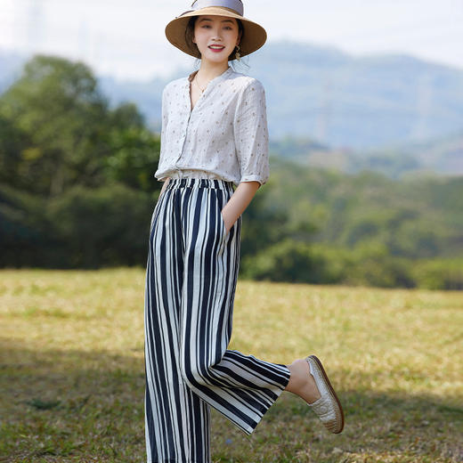 夏款苎麻休闲裤黑白条纹松紧高腰大码裤TT96108 商品图3