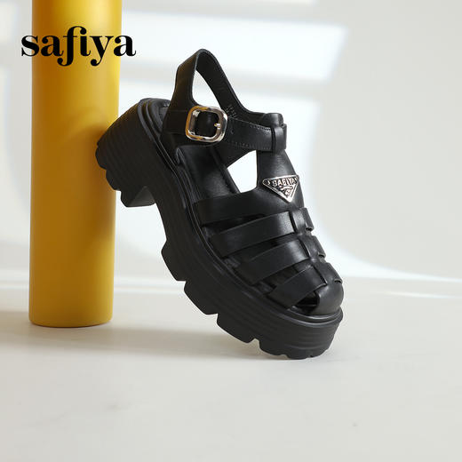 Safiya/索菲娅 2023夏季新潮三角标镂空编织锯齿厚底罗马凉鞋 SF32115010 商品图6