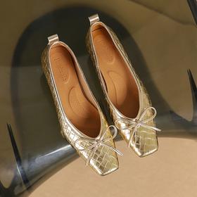 【预售5天】法式简约方头浅口编织纹羊皮低跟单鞋甜美蝴蝶结优雅舒适四季女鞋DTN&A1038-19