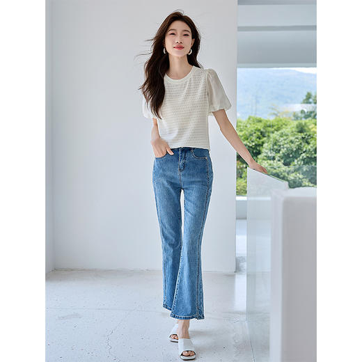 【五折购】熙世界花苞短袖T恤女2025夏新款菱格提花别致洋气减龄圆领上衣 商品图3