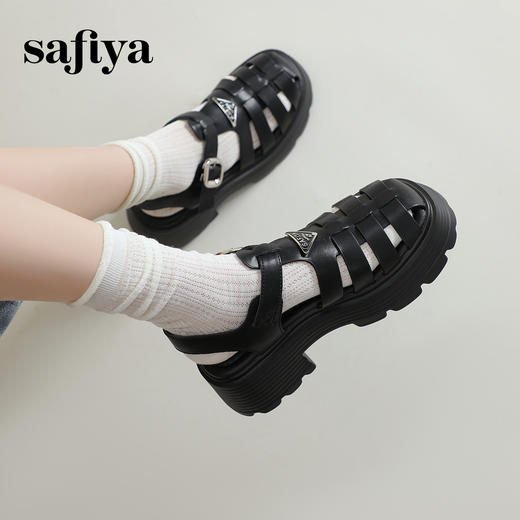 Safiya/索菲娅 2023夏季新潮三角标镂空编织锯齿厚底罗马凉鞋 SF32115010 商品图1
