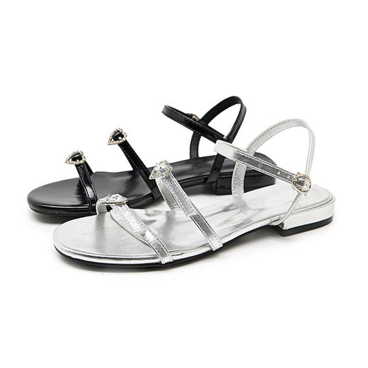 西遇平底凉鞋女新款夏季爱心水钻凉拖鞋黑色一字带时装凉鞋D1546733 商品图6