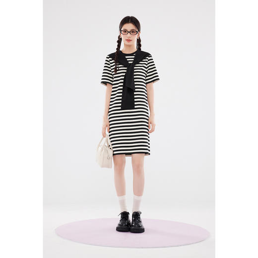 【严选】诗凡黎黑白条纹连帽披肩连衣裙2024夏新款显瘦洋气减龄T恤裙SF6391661 商品图1