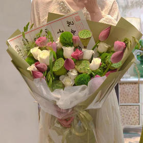 【两小时达】荷花莲花莲蓬睡莲供佛玫瑰花混搭花束生日鲜花速递端午礼物
