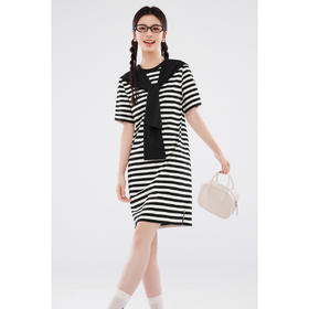 【严选】诗凡黎黑白条纹连帽披肩连衣裙2024夏新款显瘦洋气减龄T恤裙SF6391661