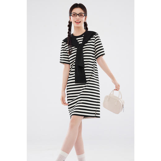 【严选】诗凡黎黑白条纹连帽披肩连衣裙2024夏新款显瘦洋气减龄T恤裙SF6391661 商品图0