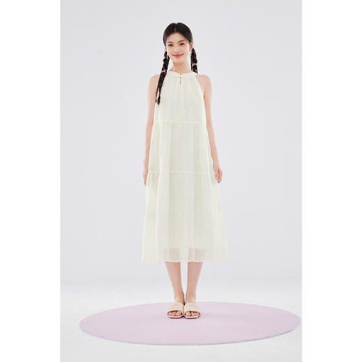 【严选】诗凡黎甜美风米色中式绣花挂脖连衣裙2024夏新款蝴蝶结中长裙SF6392161 商品图1