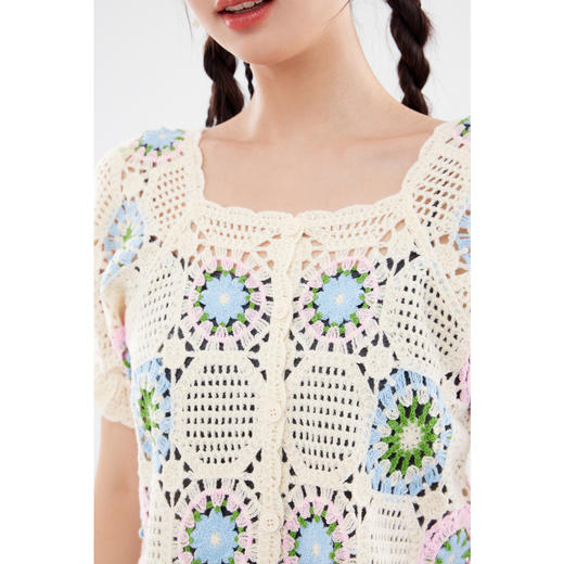 【严选】诗凡黎方领度假风手工编织针织开衫2024夏新款套头镂空上衣女SF6330921 商品图3