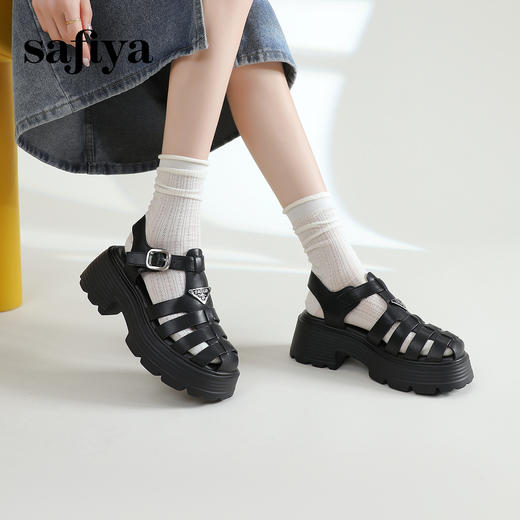 Safiya/索菲娅 2023夏季新潮三角标镂空编织锯齿厚底罗马凉鞋 SF32115010 商品图2