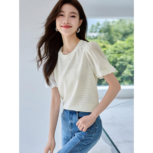 【五折购】熙世界花苞短袖T恤女2025夏新款菱格提花别致洋气减龄圆领上衣 商品图1