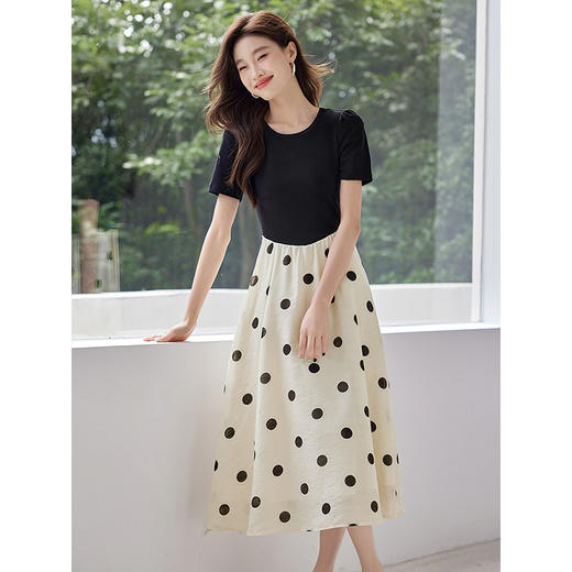 【周四狂欢价】熙世界假两件波点连衣裙2025夏季新款流行气质短袖圆领拼接裙子 商品图2
