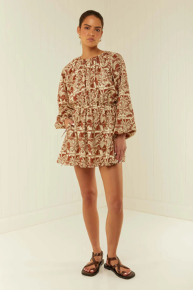 PALM NOOSA - Nova Dress - Brown Palm Scene - 女装 - 连身裙 - 红色