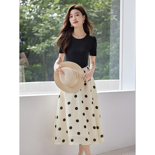 【周四狂欢价】熙世界假两件波点连衣裙2025夏季新款流行气质短袖圆领拼接裙子 商品图1