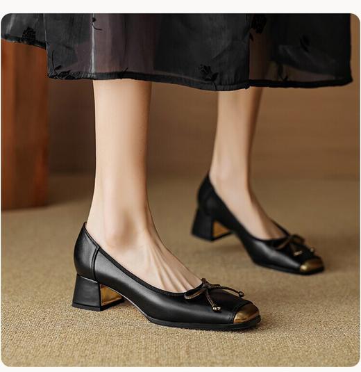 【预售5天】2024年新款头层牛皮低跟金属头蝴蝶结单鞋QJR&G285 商品图1