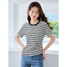 【专属特价】熙世界黑白条纹正肩T恤短袖夏2025新款复古撞色圆领设计感上衣