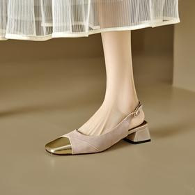 【预售5天】精致法式包头凉鞋，粗跟方头羊皮中跟拼色玛丽珍鞋CFE&3836