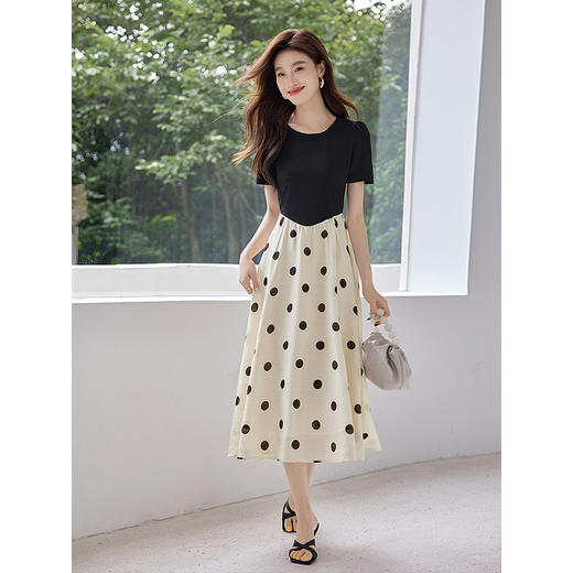 【周四狂欢价】熙世界假两件波点连衣裙2025夏季新款流行气质短袖圆领拼接裙子 商品图4